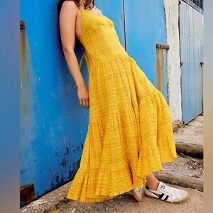 NWT FREE PEOPLE marigold Yellow Maxi Dress in turmeric combo size small